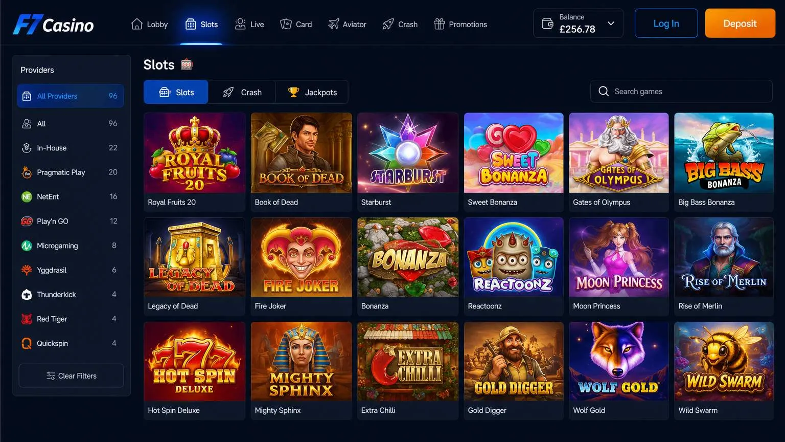 Game library and software providers for F7 Casino