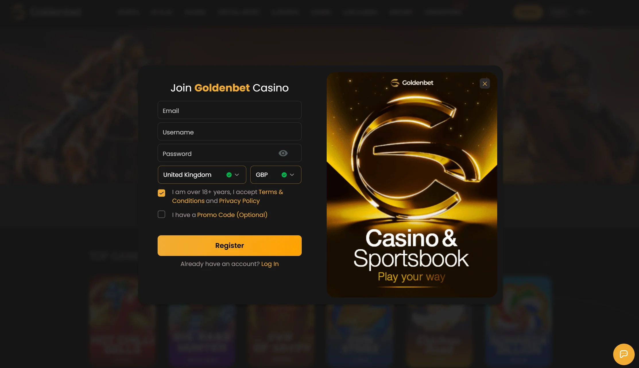 Registration and player account at Goldenbet Casino