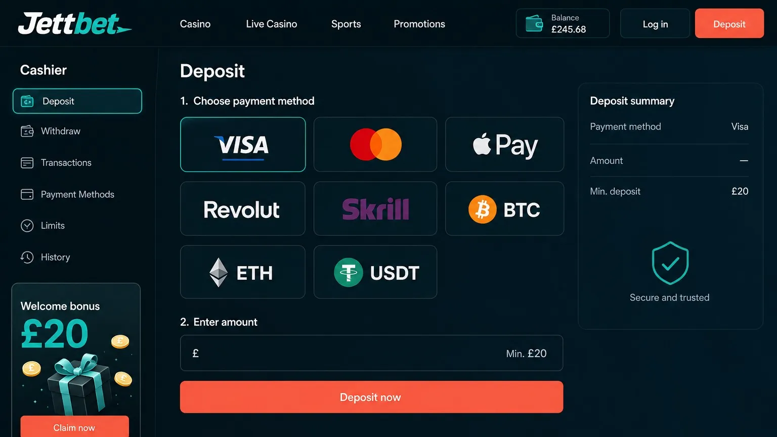 Banking options and Jettbet Casino